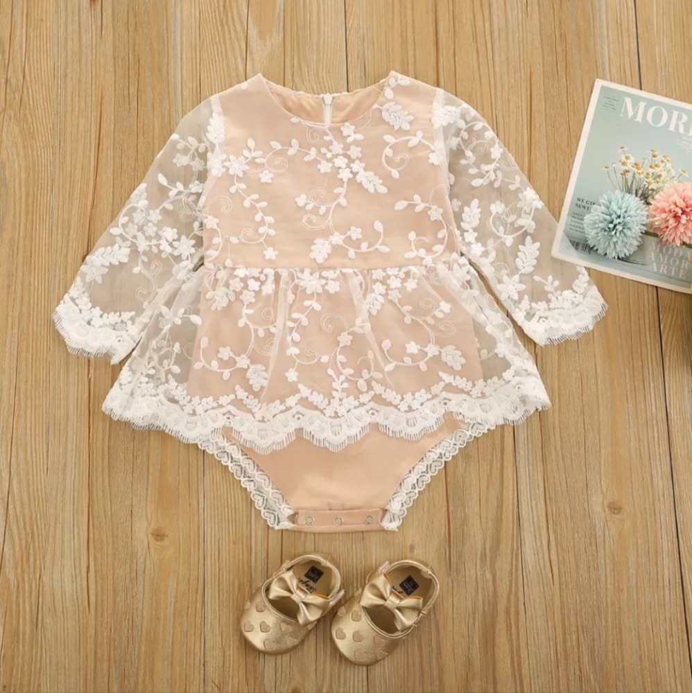 First Birthday / Cake Smash Baby Girl White&Beige Long Sleeve Romper Dress